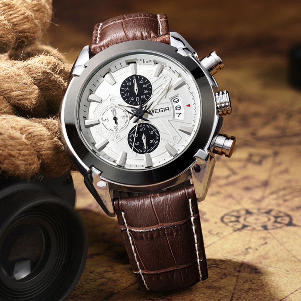 Herren Luxus-Lederuhr, wasserdicht, Quarz-Chronograph, Sportuhr