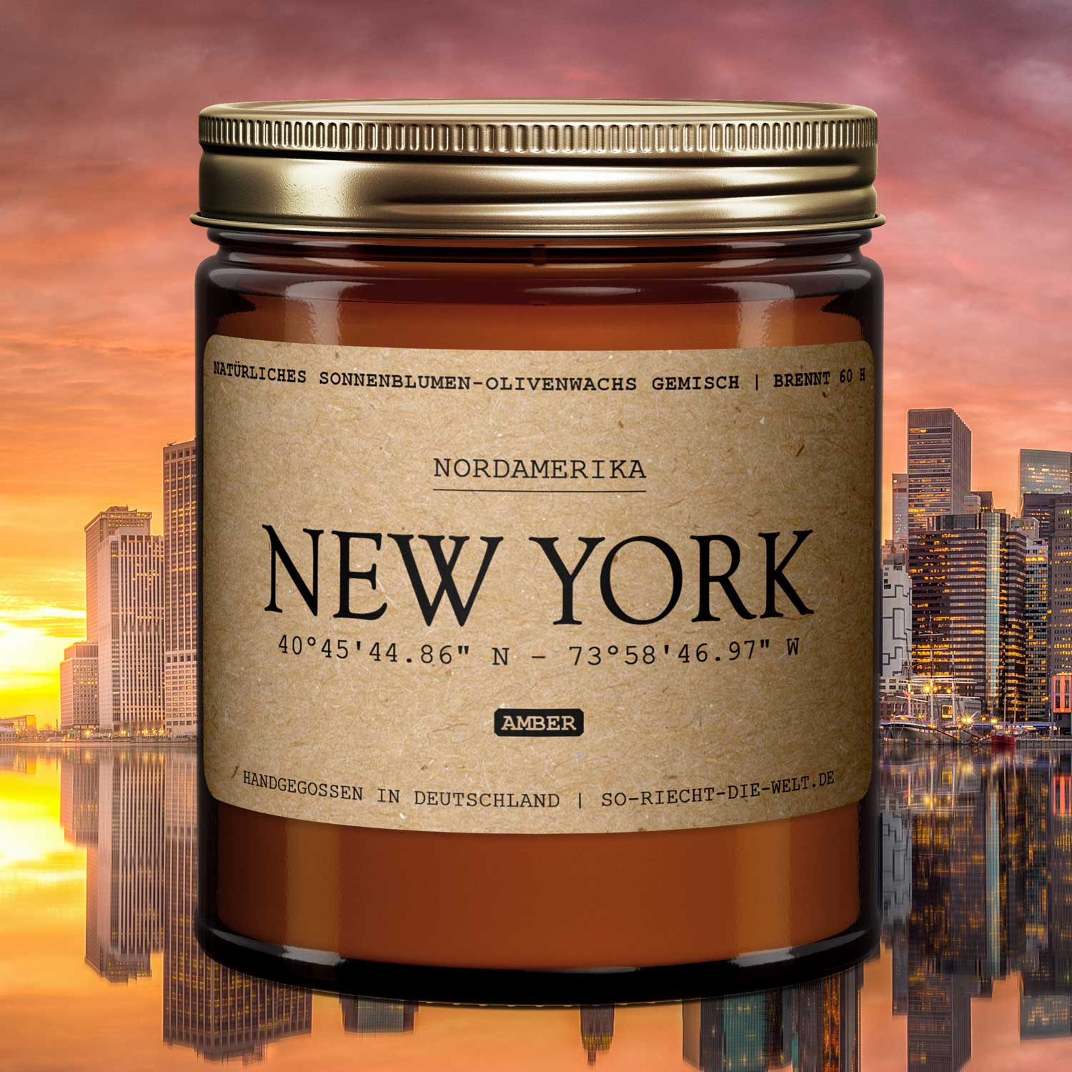 Lumânare parfumată New York Amber – Ceară naturală, timp de ardere 60 de ore