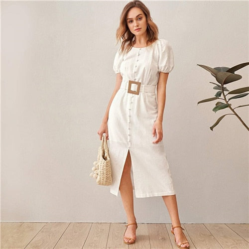 White Puff Sleeve Single Breasted Split Hem Belted Long Dress Women Summer O-Neck Cotton Fit and Flare Fitted Dress Boho Chic.
