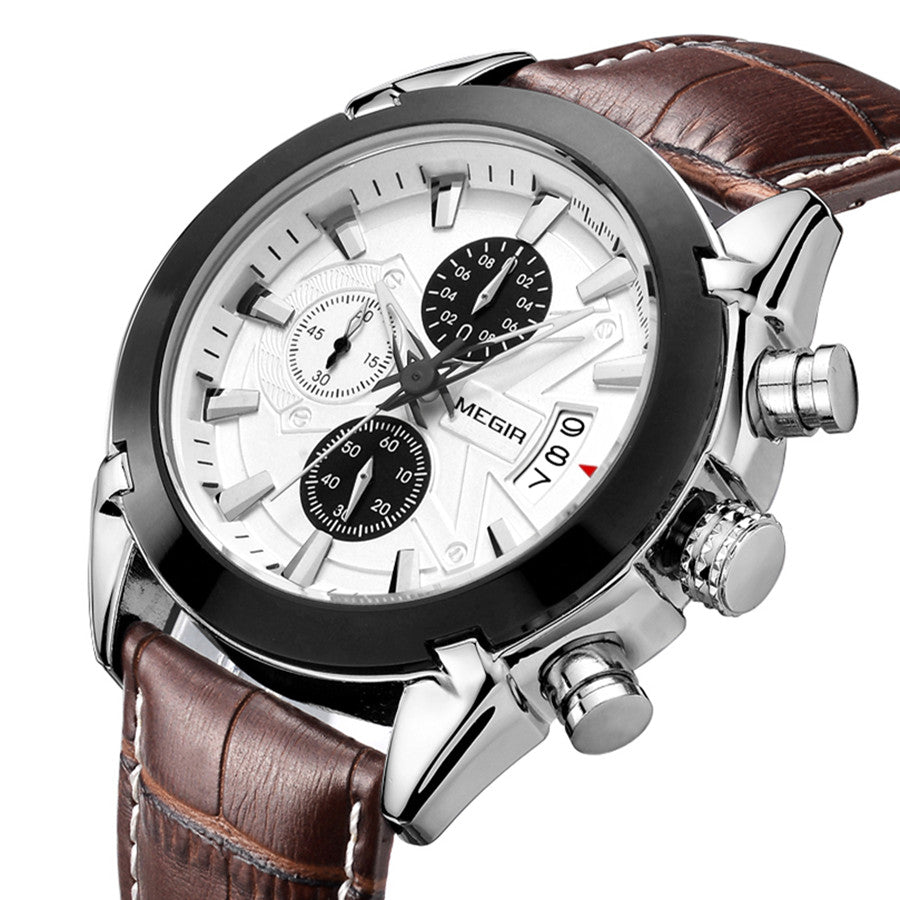 Ceas sport cu cronograf cu cuarț impermeabil din piele pentru bărbați