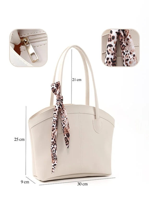 Faux Leather Zippered Shoulder Bag Single Compartment Handbag With Scarf Gift Womens Hand Shoulder Crossbody Bag White