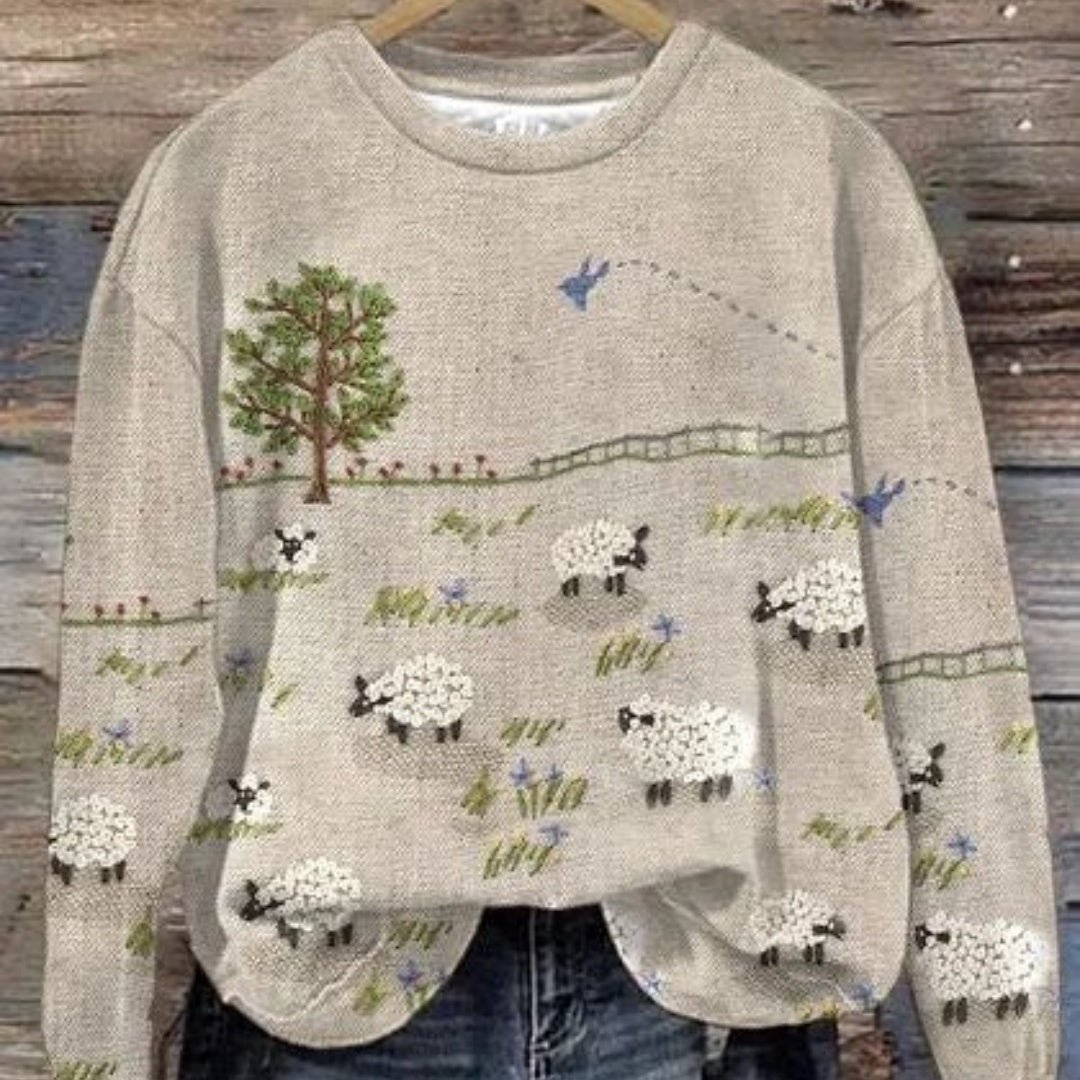 Hanorac imprimat cu guler rotund, proaspăt și casual pentru femei