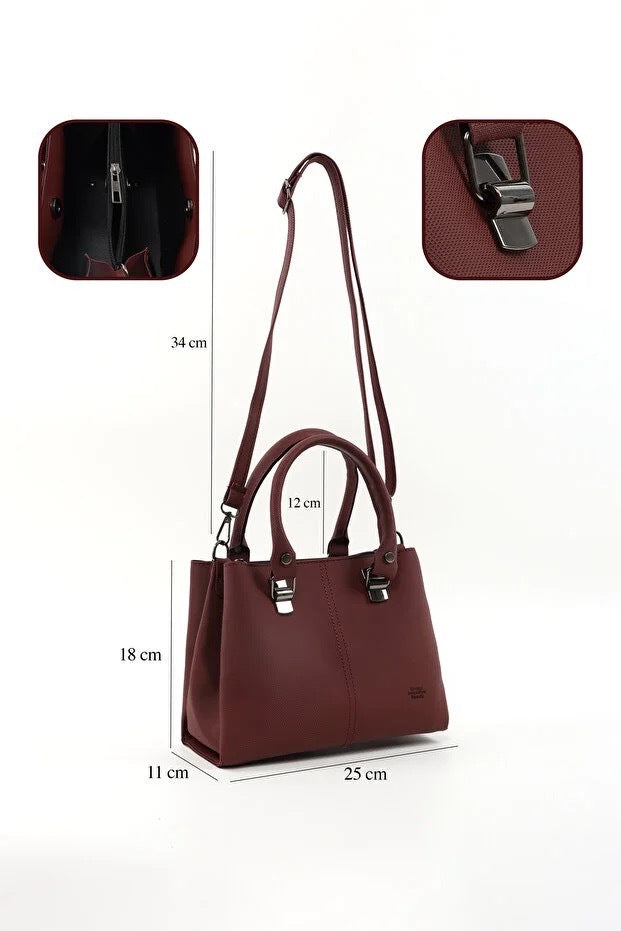 Brown Faux Leather Zippered Handbag With 3 Compartments Adjustable Strap Hand Arm And Shoulder Bag