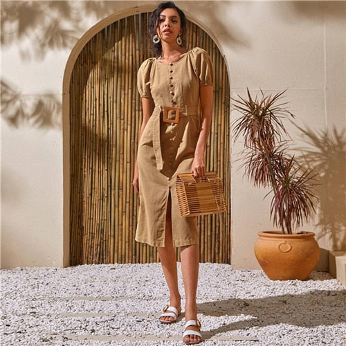 White Puff Sleeve Single Breasted Split Hem Belted Long Dress Women Summer O-Neck Cotton Fit and Flare Fitted Dress Boho Chic.