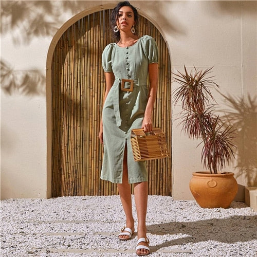 White Puff Sleeve Single Breasted Split Hem Belted Long Dress Women Summer O-Neck Cotton Fit and Flare Fitted Dress Boho Chic.